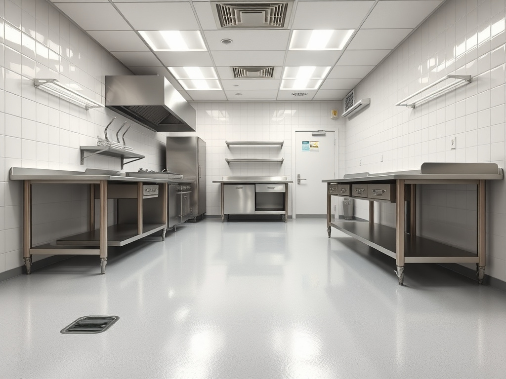 Commercial restaurant kitchen with seamless light grey polyurea floor coating and cove base