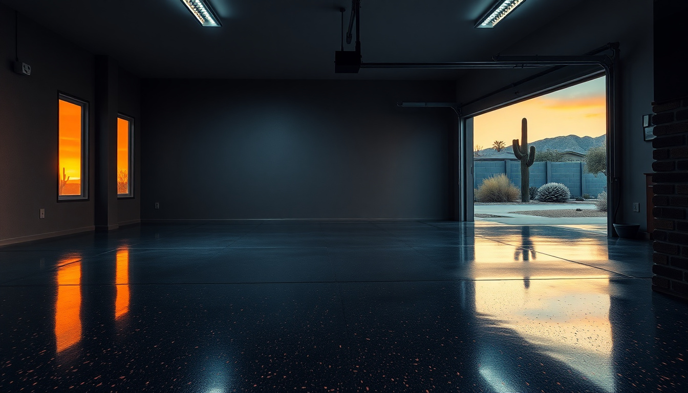 High-gloss charcoal polyurea coated garage floor in Scottsdale, Arizona at sunset