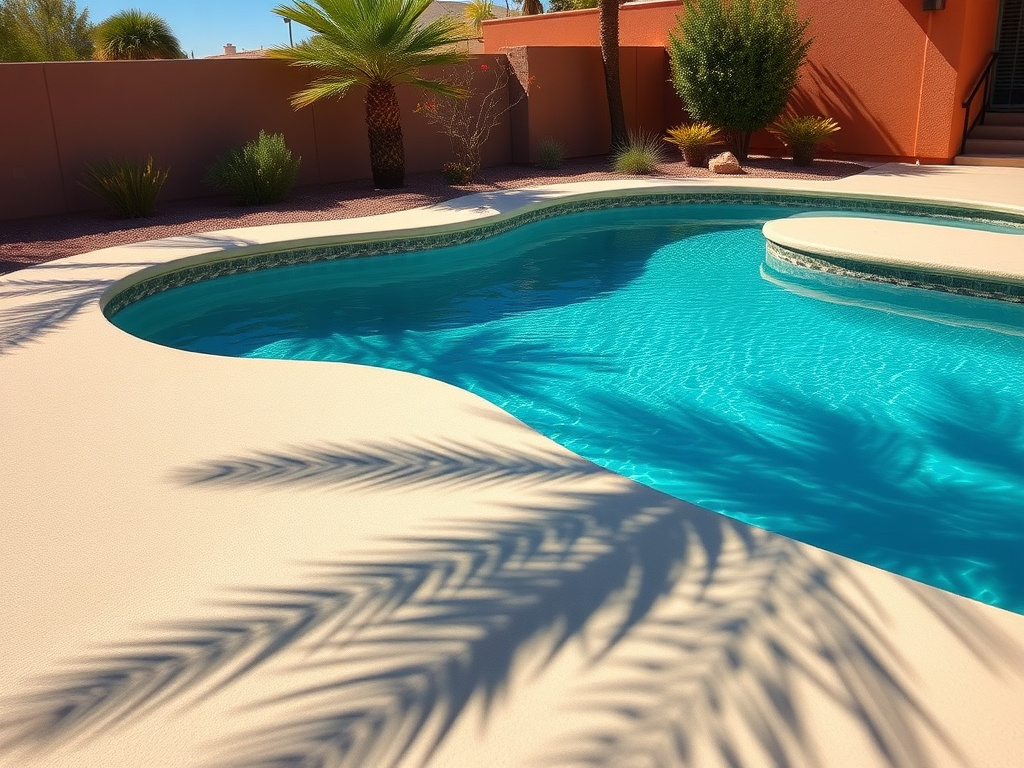 Arizona backyard pool deck with light textured polyurea cool-deck coating beside turquoise water