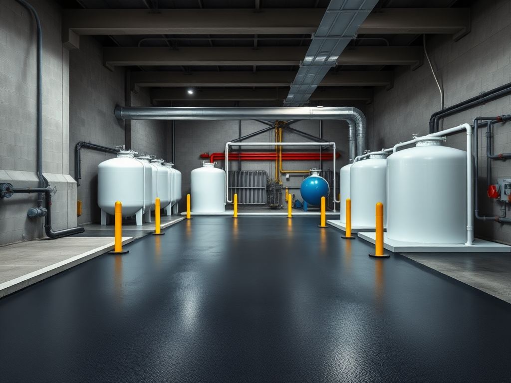 Industrial secondary containment berm lined with charcoal chemical-resistant polyurea coating