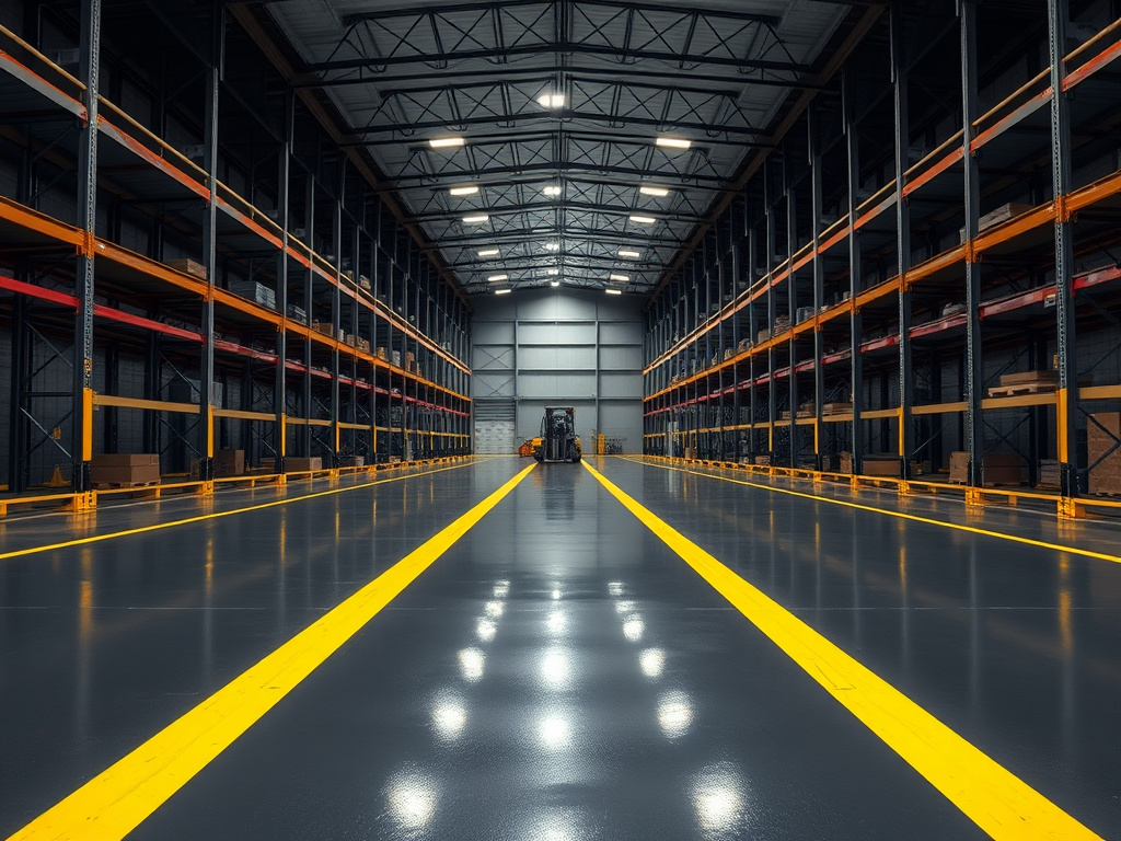 Vast warehouse interior with seamless dark grey polyurea floor coating and safety striping